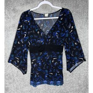 Vintage JTB Y2K Babydoll Asymmetrical Sleeve Tie Back Top Women Sz XL Black Blue